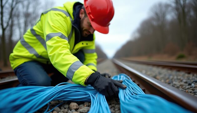 Worker installs fiber optic cables by railroad tracks. Man wears safety jacket and helmet. He works on a construction project with blue wires near train rails. Modern infrastructure development.