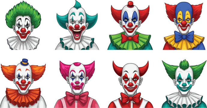 Spooky Halloween Scary Clown Avatar Set featuring Creepy Circus Jester and Evil Joker Face Illustrations for Horror Theme Party and Graphic Designs