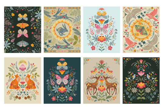 Set of eight Vector Folk Nordic art posters with animals and plants. Foxes, deer. hares in the forest. Modern trendy minimal style. Hand drawn design for wall decor, print, postcard