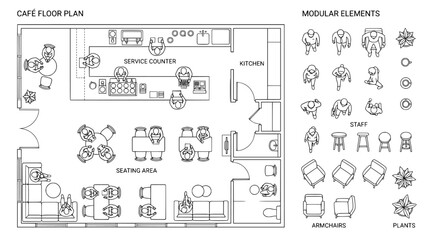 A detailed architectural drawing of a cafe floor plan with modular elements © Zunair