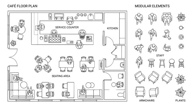 A detailed architectural drawing of a cafe floor plan with modular elements