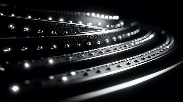 Closeup of a black leather belt with metallic studs on a dark background