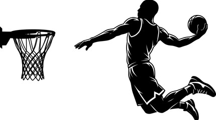 Basketball player mid-air dunking into hoop on white background © Zunair