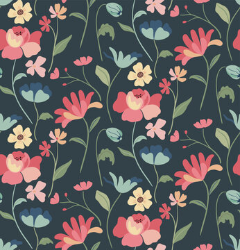 Modern vector floral seamless pattern. A colorful endless pattern of flowers and plants. Romantic design