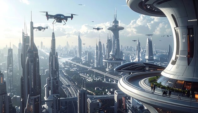 Sleek Futuristic City Skyline with Flying Drones and Curved Tower Platform at Daylight