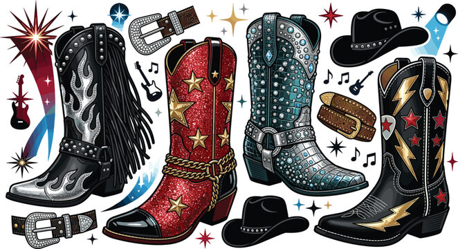 Country Music Cowboy Boots Vector Sticker Set with Glitter Stars, Metallic Flames, Rhinestones, Cowboy Hats, and Electric Guitar Graphic Design Elements