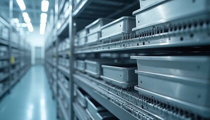 Fototapeta premium Cleanroom storage racks hold sterile stainless steel trays in a secure, hygienic facility. Equipment organized for precise manufacturing and research labs. Modern warehouse shelves.