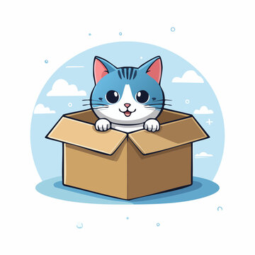 Cute cartoon cat peeking out of a cardboard box