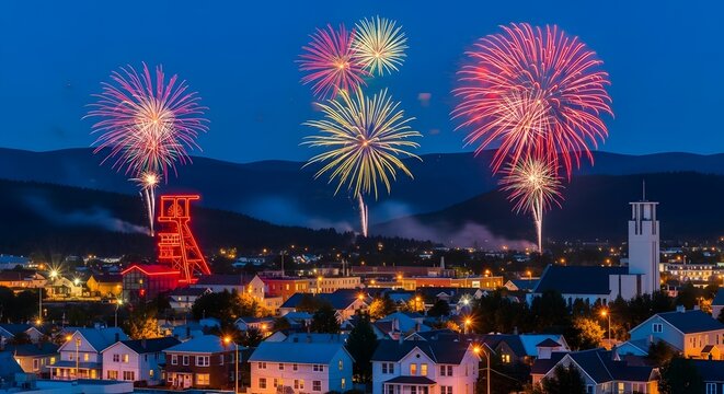 Fireworks over a small town with a historic mining tower and church