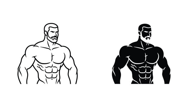 Muscular male bodybuilder figure vector illustration with strong physique and defined abs shown in both outline and solid black silhouette styles for fitness branding and sports logo design concepts