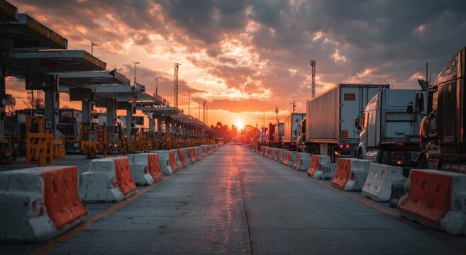 Long line of trucks at a border crossing with traffic and cargo vehicles during sunset, with barriers and infrastructure in the background