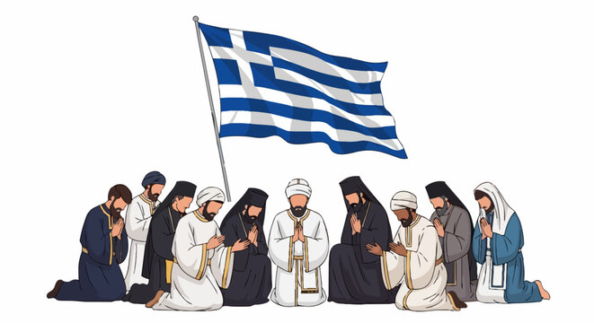 Greek Orthodox clergy and faithful praying under Greek flag vector illustration. Religious gathering honoring national identity and faith. Spiritual concept for cultural heritage and devotion.