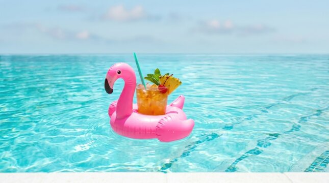 Pink Flamingo Pool Float Holding Fruit Cocktail in Sea