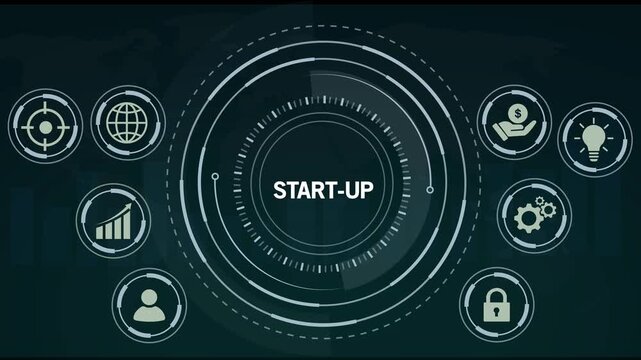A digital infographic showcases the term START- UP in a central glowing circle surrounded by various business and technology icons on a dark, subtly patterned background depicting a world map