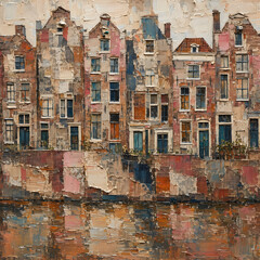 Obraz premium Textured Impasto Oil Painting of Traditional Amsterdam Canal Houses with Reflections on Water Surface