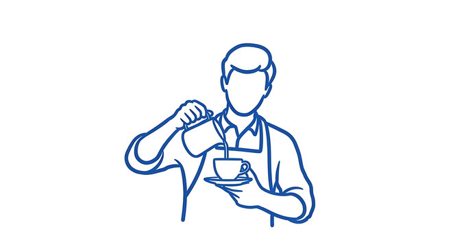 Barista pouring milk into coffee cup line art illustration