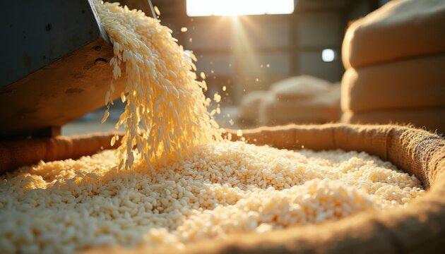 Unprocessed rice grains spill from chute into burlap sack at sunlit factory. Automated milling process fills large bags with raw crop. Food production, agriculture industry.
