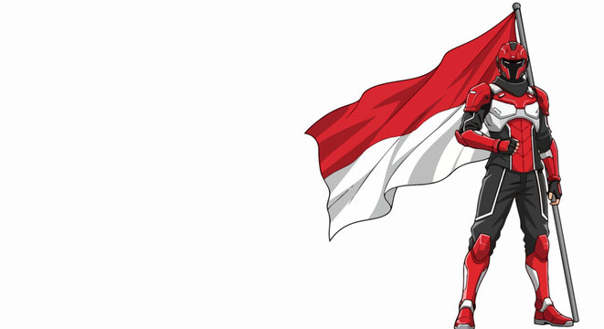 Stylish vector illustration of armored figure holding red and white flag with dynamic pose. Bold graphic design for patriotic themes.