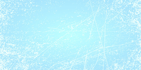 Scratched ice surface texture. Blue ice background with skate traces, cracks, scratches. Rough winter sport rink backdrop. Frozen lake or pond water wallpaper with dots, spot and lines. Eps10 © V_DotStudio