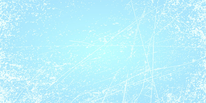 Scratched ice surface texture. Blue ice background with skate traces, cracks, scratches. Rough winter sport rink backdrop. Frozen lake or pond water wallpaper with dots, spot and lines. Eps10