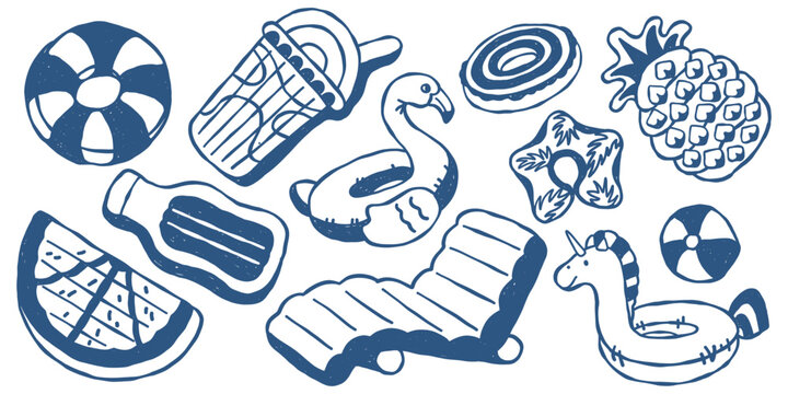 Vector set of hand drawn summer vacation pool float in doodle style. Trendy vector collection with flamingo, donut, pineapple, beach ball inflatables for vacation design, party decor, summer graphics