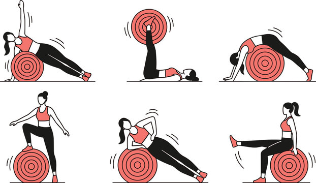 Set of woman characters performing various fitness and pilates exercises using a red stability ball for core strength