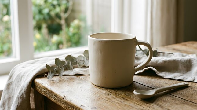 White ceramic coffee mug mockup on windowsill next to plant and window light