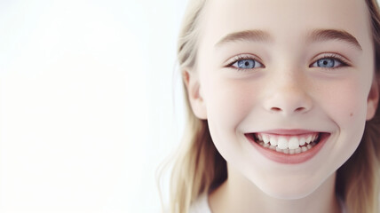 Fototapeta premium a child, underage, about 8 years old, schoolchild, caucasian, portrait, blond hair, blue eyes, smiles cheeky and happy and has fun and joy, good mood and nice day, girl or teenager