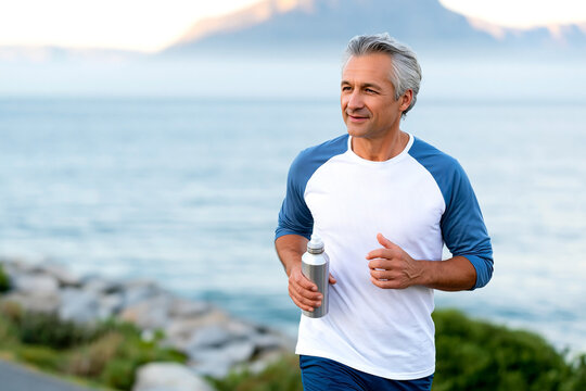 Caucasian man jogging along a scenic coastal path, wearing a blue and white athletic shirt, holding a water bottle with mountains and ocean in the background