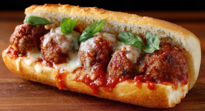 Meatball sub sandwich with tomato sauce, melted cheese, and fresh basil on a toasted bun