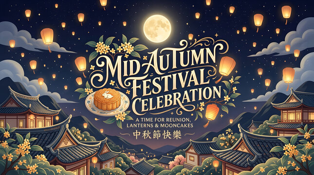 Moonlit asian festival with lanterns