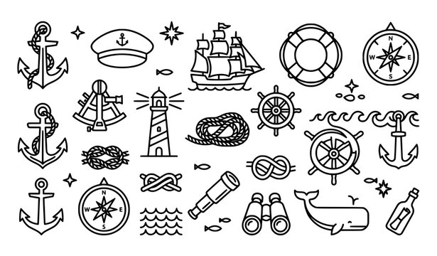 Creative sailor outline vector icon set with minimalist nautical symbols