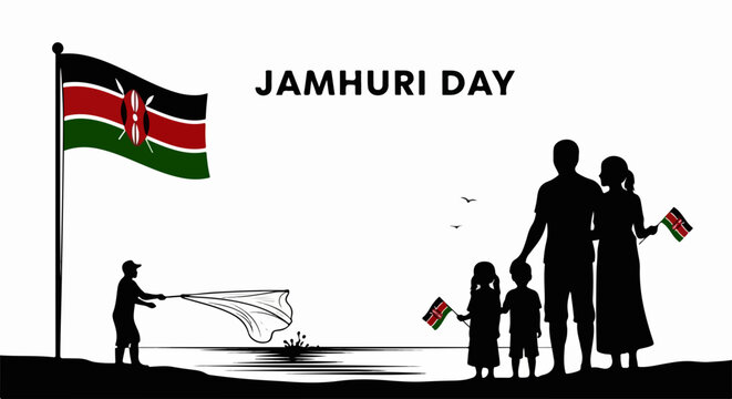 Jamhuri Day celebration with family silhouettes flying kite under national flag. Silhouette illustration of family enjoying outdoor holiday. Jamhuri Day concept for patriotic designs.
