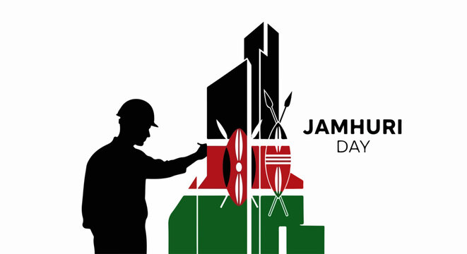 Jamhuri Day celebration with silhouette person raising Kenyan flag on colorful geometric background. Patriotic illustration featuring national flag and text. Vector design for holiday greeting cards,