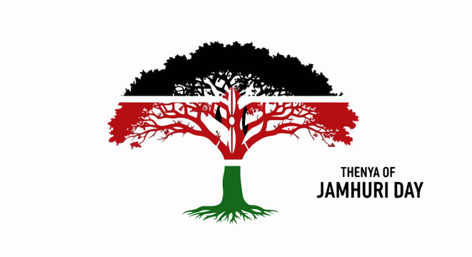 Jamhuri Day celebration tree symbol with red roots and green leaves. Minimalist Jamhuri Day logo design for national holiday branding. Vector illustration for patriotic event posters.
