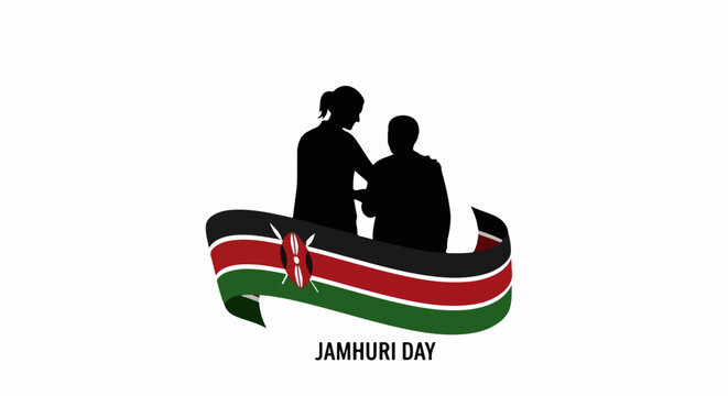 Jamhuri Day celebration vector illustration with silhouettes of people embracing over Kenyan flag. Jamhuri Day graphic design features black silhouettes and national colors.