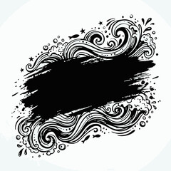 Fototapeta premium Thick Black Ink Smear Surrounded by Ornate Hand Drawn Ocean Waves and Bubbles