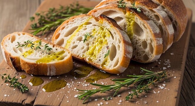 Rustic artisan bread slices drizzled with golden olive oil and fresh herbs like rosemary and thyme, served on a wooden board with sea salt.