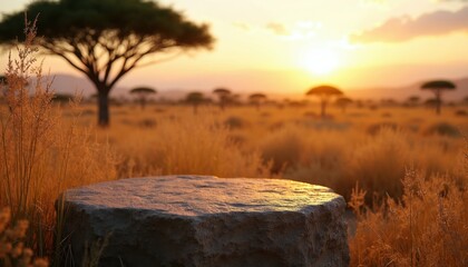Obraz premium Stone podium on African savanna field at sunset. Acacia trees and dry grass under golden hour light. Rural landscape scenery with warm glow.
