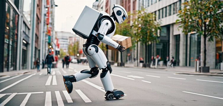 Efficient white humanoid service robot with AI technology delivering a brown package on fast inline-skate wheels through a bustling city street.