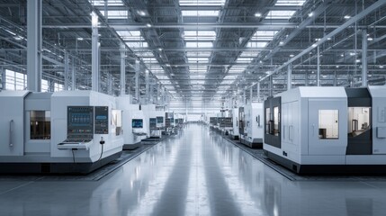 Obraz premium Modern factory hall with white cnc machines organized in parallel rows, featuring a spacious and clean industrial environment with high ceilings and metallic structures