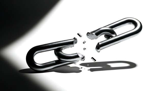A shiny metallic chain link is broken into pieces, symbolizing weakness, failure, or a severed connection, with fragments scattered and a distinct shadow.