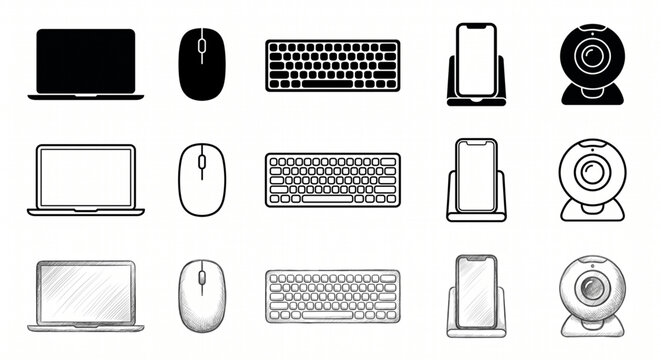 Modern Computer Peripherals Pack: Laptop, Webcam & Keyboard Vectors.