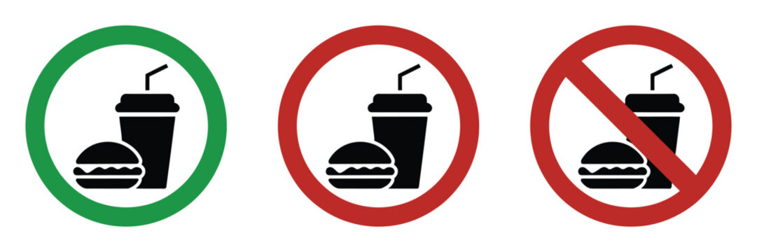 No food no drink allowed red circle sign, green allowed round vector icon, 3 pictogram illustration for educational posters, restricted area notices, commercial building guidance systems, 