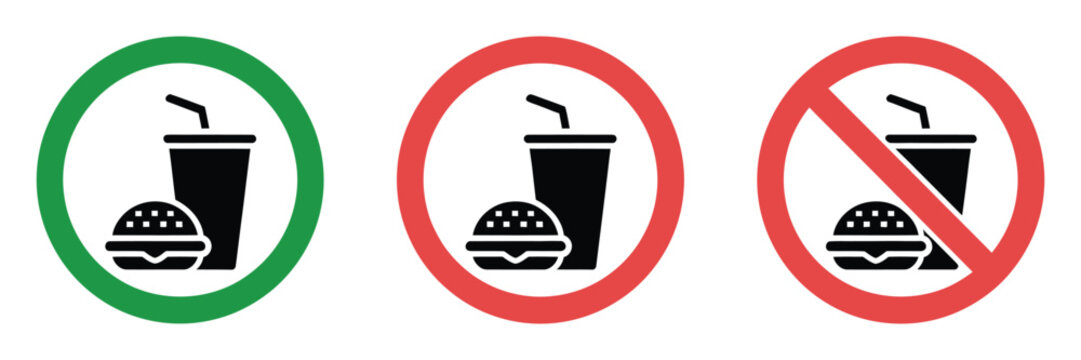 No food no drink allowed red circle sign, green allowed round vector icon, 3 pictogram set for workplace safety instructions, public facility regulations, restaurant policy notices, and clean prohibit