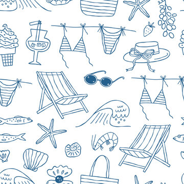 Summer seamless pattern with hand drawn beach elements.