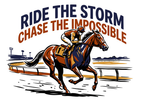 Horse racing illustration with jockey. Ride the storm chase the impossible quote. Equestrian sport graphic. Vintage derby poster design.