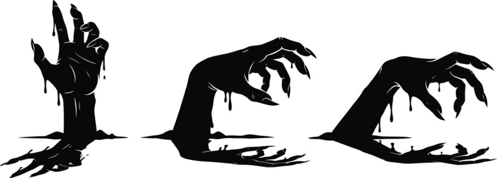 Set of black zombie or monster hand silhouettes with sharp claws rising from the ground for Halloween horror designs
