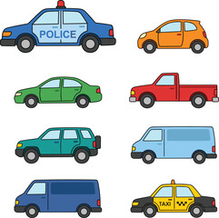Vector collection of various vehicle types including police car taxi pickup truck van and sedan in flat cartoon style side view icons © Manik