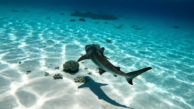 A majestic reef shark glides gracefully through crystal clear turquoise ocean waters, casting a rippling shadow on the sun-dappled sandy seabed, revealing the vibrant underwater world teeming